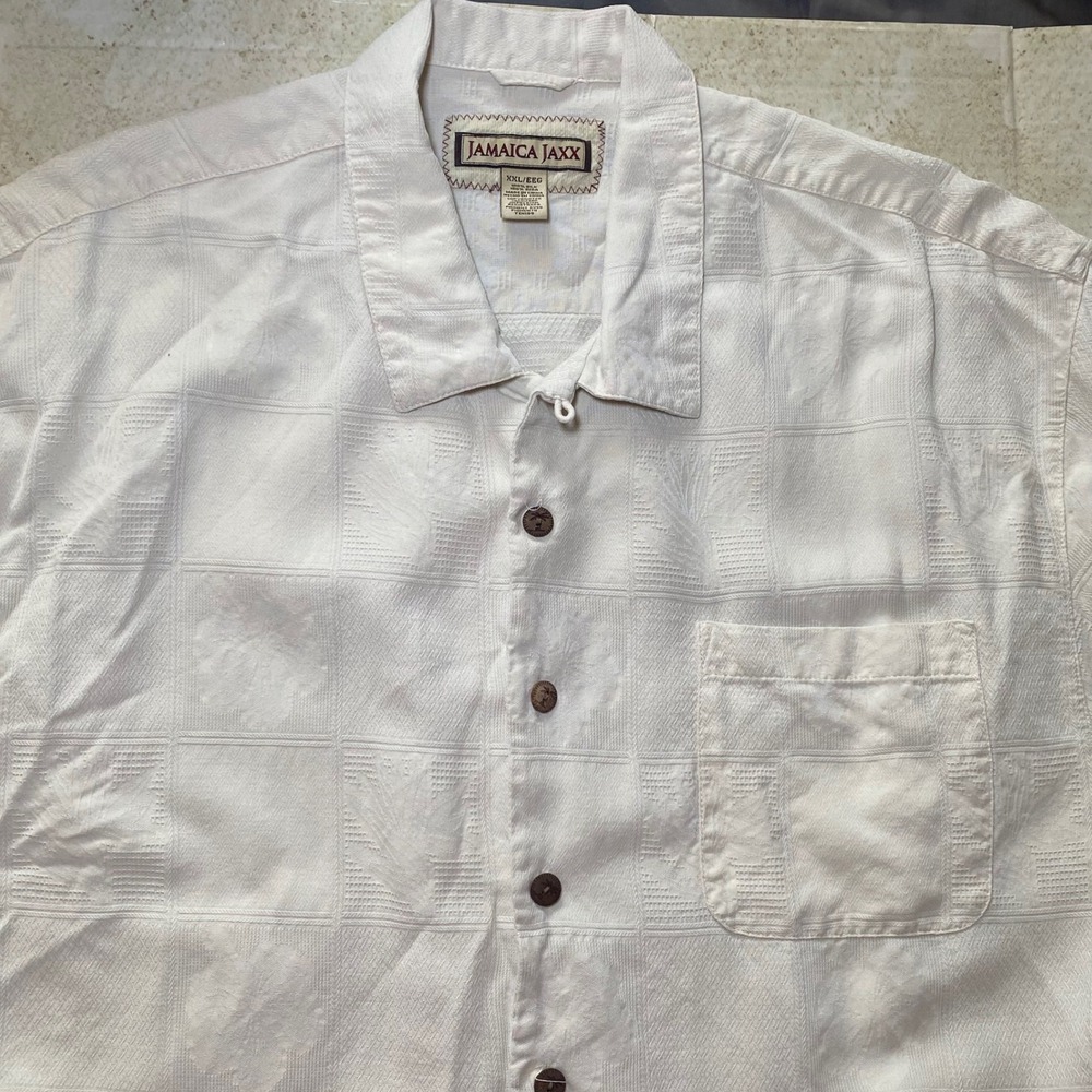 Jamaica Jaxx‎ Mens XXL Silk Jacquard Camp Shirt Off White Tropical Palm Short